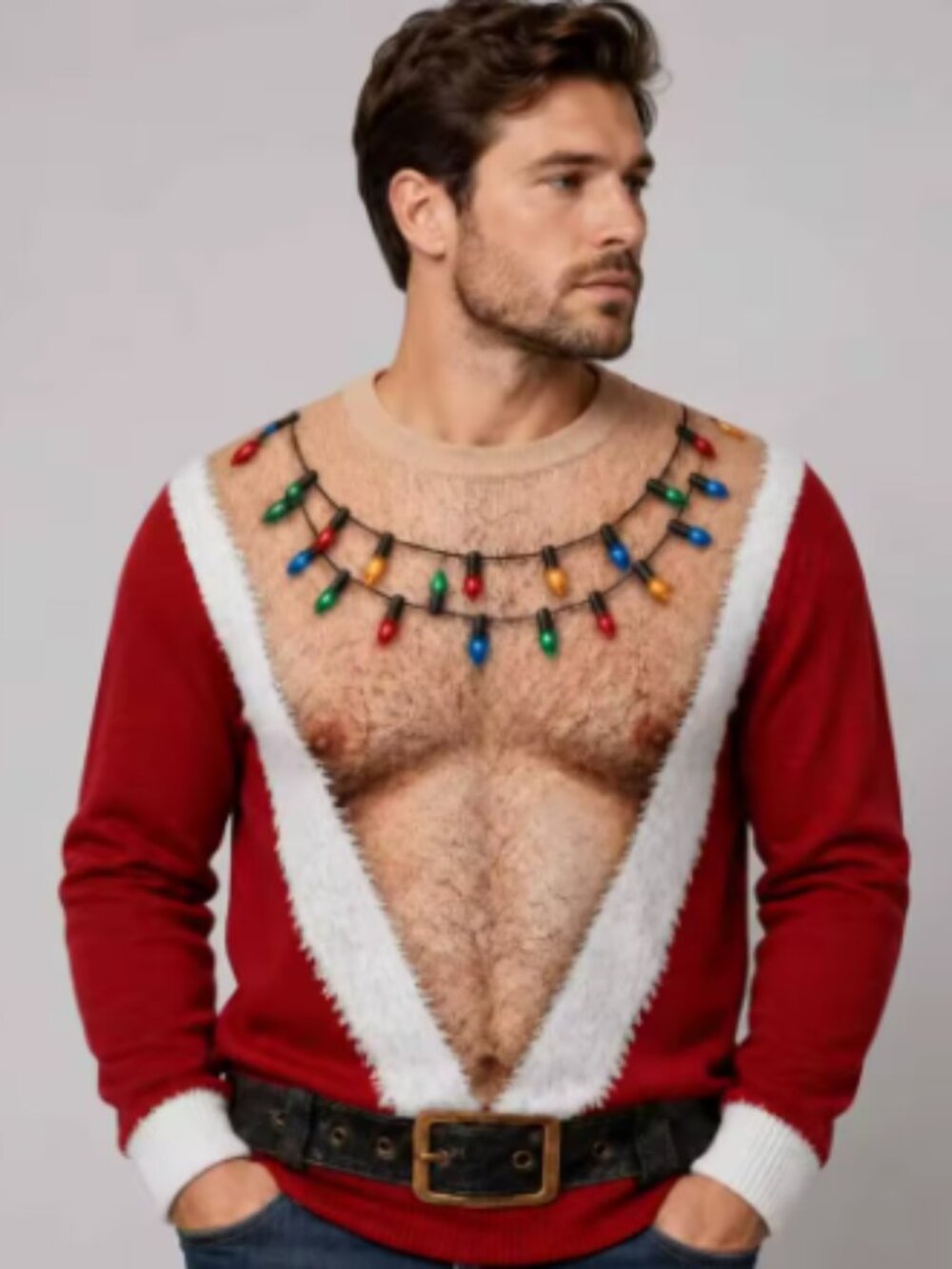 Men’s Funny Christmas Muscle Chest 3D Print Holiday Sweatshirt Red Size 3XL